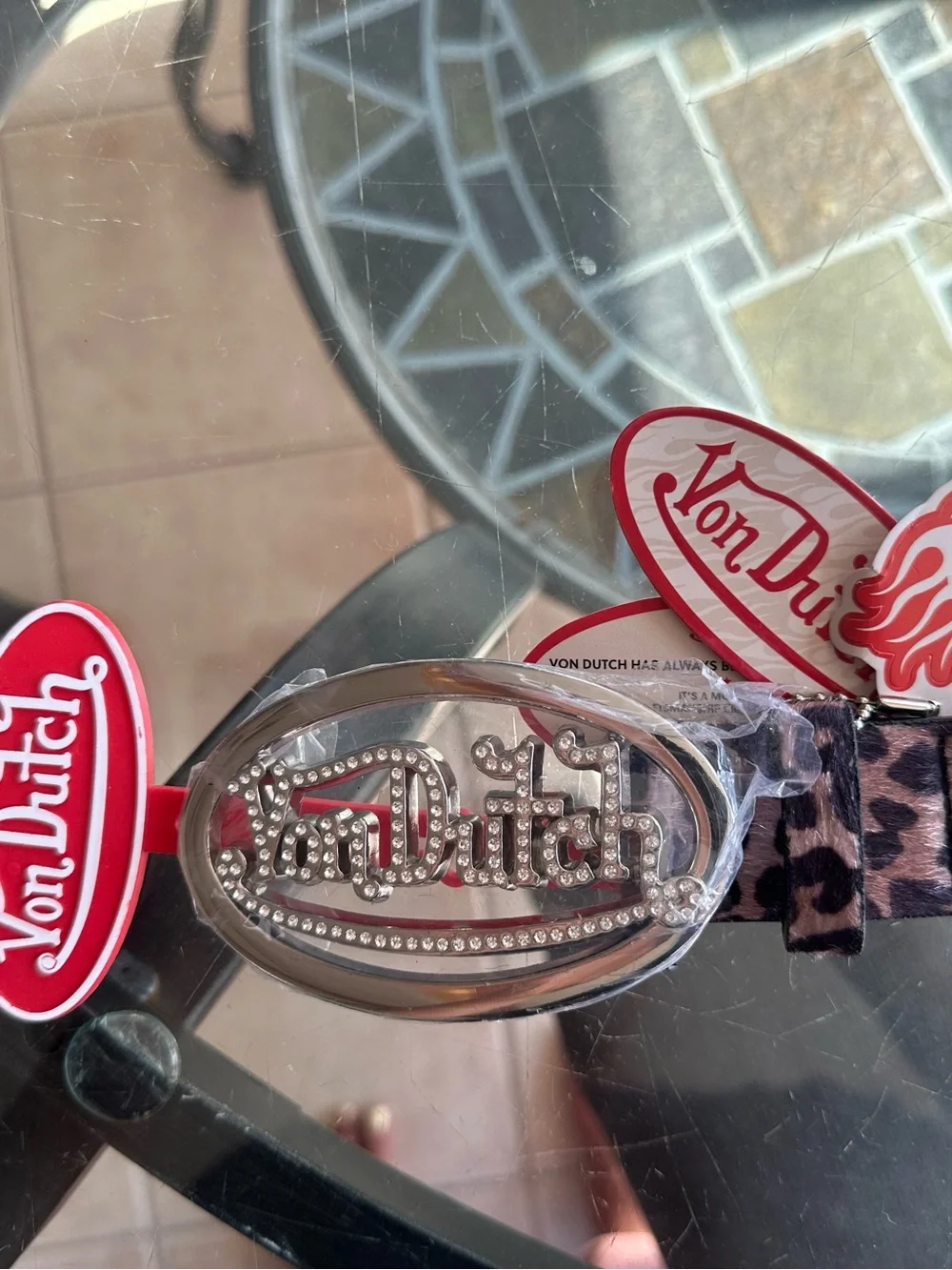 Von Dutch Leopard Print Rhinestone Logo Belt BNWT Size S / XL